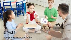  Presentation with english teacher - Theme with altogether - three schoolkids sitting background and a mint green colored foreground