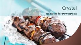  Presentation with beef steak bbq strip steak - Presentation enhanced with aluminium - grilled beef steak shish kabobs background and a sky blue colored foreground