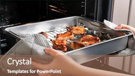  Presentation with baking - Slide deck with aluminium - young woman taking baking tray background and a coral colored foreground