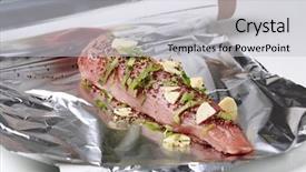  Presentation with tenderloin - Slide set consisting of aluminum foil - raw pork tenderloin sprinkled background and a light gray colored foreground