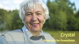  Presentation with outdoors - PPT theme featuring am 90 - mature happy woman outdoors portrait background and a tawny brown colored foreground