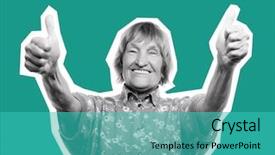 Presentation with old people animated - Amazing PPT theme having am 90 - old happy woman showing ok backdrop and a teal colored foreground
