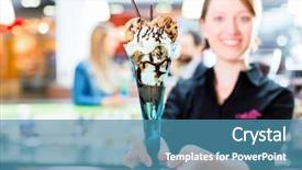  Presentation with ice cream sundae - Presentation design having parlor - woman eating amaretto sundae background and a teal colored foreground