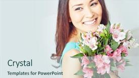  Presentation with floral - Beautiful slide deck featuring amaryllis - smiling young woman holding floral backdrop and a sky blue colored foreground