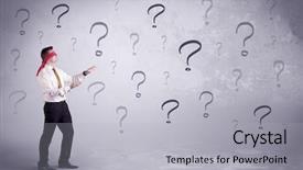  Presentation with blindfolded - Cool new presentation design with amateur young sales person lost backdrop and a light gray colored foreground