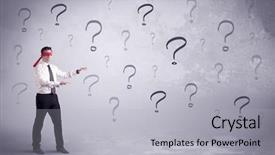  Presentation with question marks - Presentation design featuring amateur young sales person lost background and a light gray colored foreground