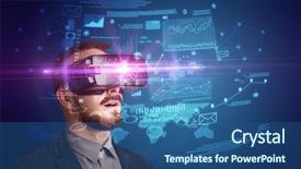  Presentation with business plan - Slides with amazed businessman with virtual reality business plan in front of him background and a ocean colored foreground