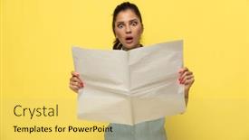  Presentation with newspaper - Beautiful presentation featuring amazed-casual-woman-reading-newspaper backdrop and a yellow colored foreground