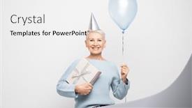  Presentation with balloon - PPT theme with amazed-elderly-woman-with-short background and a white colored foreground