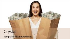  Presentation with woman praying over bible - Slides having amazed happy woman with money background and a coral colored foreground