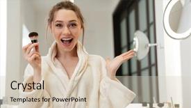  Presentation with powder - Slide set with amazed young woman applying powder background and a lemonade colored foreground