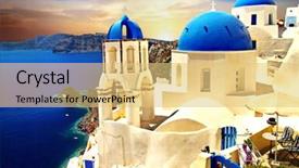  Presentation with greece blue - Colorful slide set enhanced with amazing santorini over sunrise view of oia village with famous blue churches greece backdrop and a yellow colored foreground