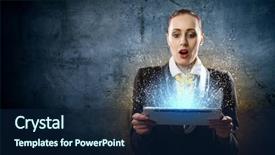  Presentation with tablet - Colorful slide set enhanced with amazing technologies - image of astonished business woman backdrop and a navy blue colored foreground