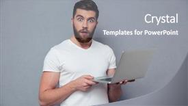  Presentation with laptop - Presentation design with amazing technologies - portrait of amazed man holding background and a gray colored foreground