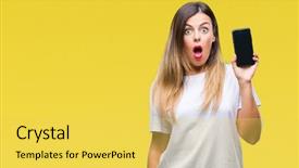  Presentation with blank - Audience pleasing presentation theme consisting of amazing technologies - young beautiful woman showing blank backdrop and a yellow colored foreground