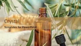  Presentation with beauty products - Audience pleasing presentation theme consisting of amber-glass-bottle-with-wooden backdrop and a yellow colored foreground