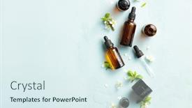  Presentation with water glass - PPT theme consisting of amber-glass-cosmetic-bottles background and a sky blue colored foreground