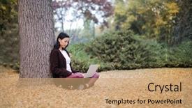  Presentation with laptop - Theme having ambient technology - beautiful asian woman working background and a  colored foreground