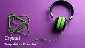  Presentation with purple green - Cool new PPT theme with ambient technology - pair of green-black headphones backdrop and a violet colored foreground