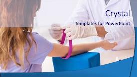  Presentation with blood test - Slide set enhanced with ambulatory care nurse - female patient during blood test background and a sky blue colored foreground