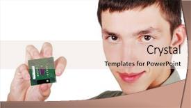  Presentation with processor - PPT theme having amd - young male is holding computer background and a  colored foreground