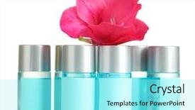  Presentation with cosmetic - Audience pleasing PPT layouts consisting of amenities - cosmetic bottles and flower isolated backdrop and a  colored foreground
