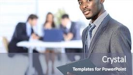  Presentation with american graduation african education - PPT layouts enhanced with american african businessman smiling leading background and a gray colored foreground