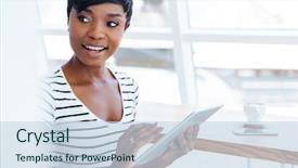  Presentation with afro - Cool new PPT theme with american businesswoman holding tablet computer backdrop and a sky blue colored foreground