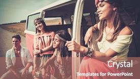  Presentation with ethnic disability - Beautiful slide deck featuring american car - multi-ethnic hippie friends with guitar backdrop and a coral colored foreground