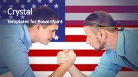  Presentation with usa flag - Beautiful slide deck featuring american economy history - men arm wrestling on usa backdrop and a navy blue colored foreground