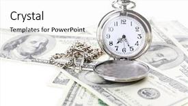  Presentation with history time - Slides enhanced with american economy history - silver pocket clock and money background and a white colored foreground