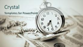  Presentation with time money - PPT theme featuring american economy history - silver pocket clock and money background and a sky blue colored foreground