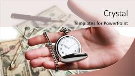  Presentation with time money - Beautiful PPT theme featuring american economy history - silver pocket clock in hand backdrop and a lemonade colored foreground