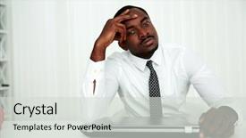  Presentation with workplace discremation - Colorful PPT theme enhanced with american enterprise - african businessman sitting at his backdrop and a light gray colored foreground