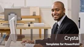  Presentation with computer security shield antivirus - Cool new presentation theme with american enterprise - confident businessman typing on computer backdrop and a  colored foreground