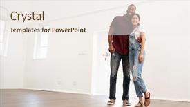  Presentation with new home - Slide deck consisting of american explorers - excited young couple moving background and a sky blue colored foreground