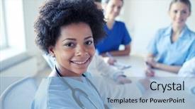  Presentation with african american meeting - Slide deck consisting of american female doctor or nurse background and a light blue colored foreground