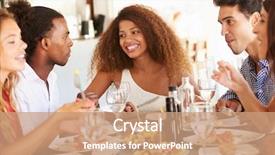  Presentation with group of three young girl - PPT theme enhanced with american food - group of young friends enjoying background and a coral colored foreground