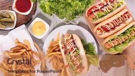  Presentation with dog food - PPT layouts with american food - hot dog with french fries background and a coral colored foreground