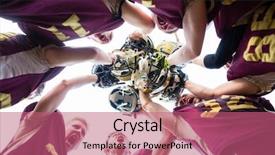  Presentation with huddle - Audience pleasing slide set consisting of american football team players huddle backdrop and a coral colored foreground