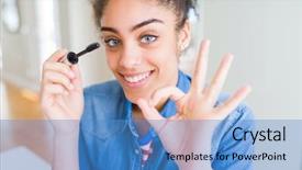  Presentation with eyelashes - Audience pleasing slide set consisting of african american girl applying eyelash backdrop and a teal colored foreground