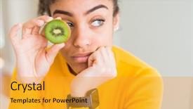  Presentation with african american girl power business - Colorful presentation theme enhanced with american girl eating green kiwi backdrop and a gold colored foreground