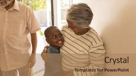  Presentation with african american grandmother - Amazing PPT theme having american grandmother embracing her grandson backdrop and a coral colored foreground