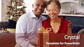 Presentation with senior couple - Colorful slide deck enhanced with american holidays - senior couple exchanging christmas gifts backdrop and a tawny brown colored foreground