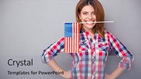  Presentation with independence - Slide set having american independence - happy young woman holding usa background and a light gray colored foreground