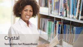  Presentation with library - Colorful slide set enhanced with american literature - female mature student studying backdrop and a mint green colored foreground