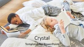  Presentation with children literature - Presentation theme featuring american literature - two boys read together exciting background and a soft green colored foreground