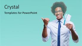  Presentation with boarding house - Slides with american man holding boarding pass background and a light blue colored foreground