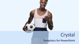  Presentation with african american presenter - PPT theme featuring american man holding soccer football background and a sky blue colored foreground