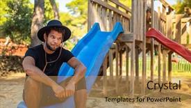  Presentation with african american - PPT layouts enhanced with american man sitting in slide background and a coral colored foreground
